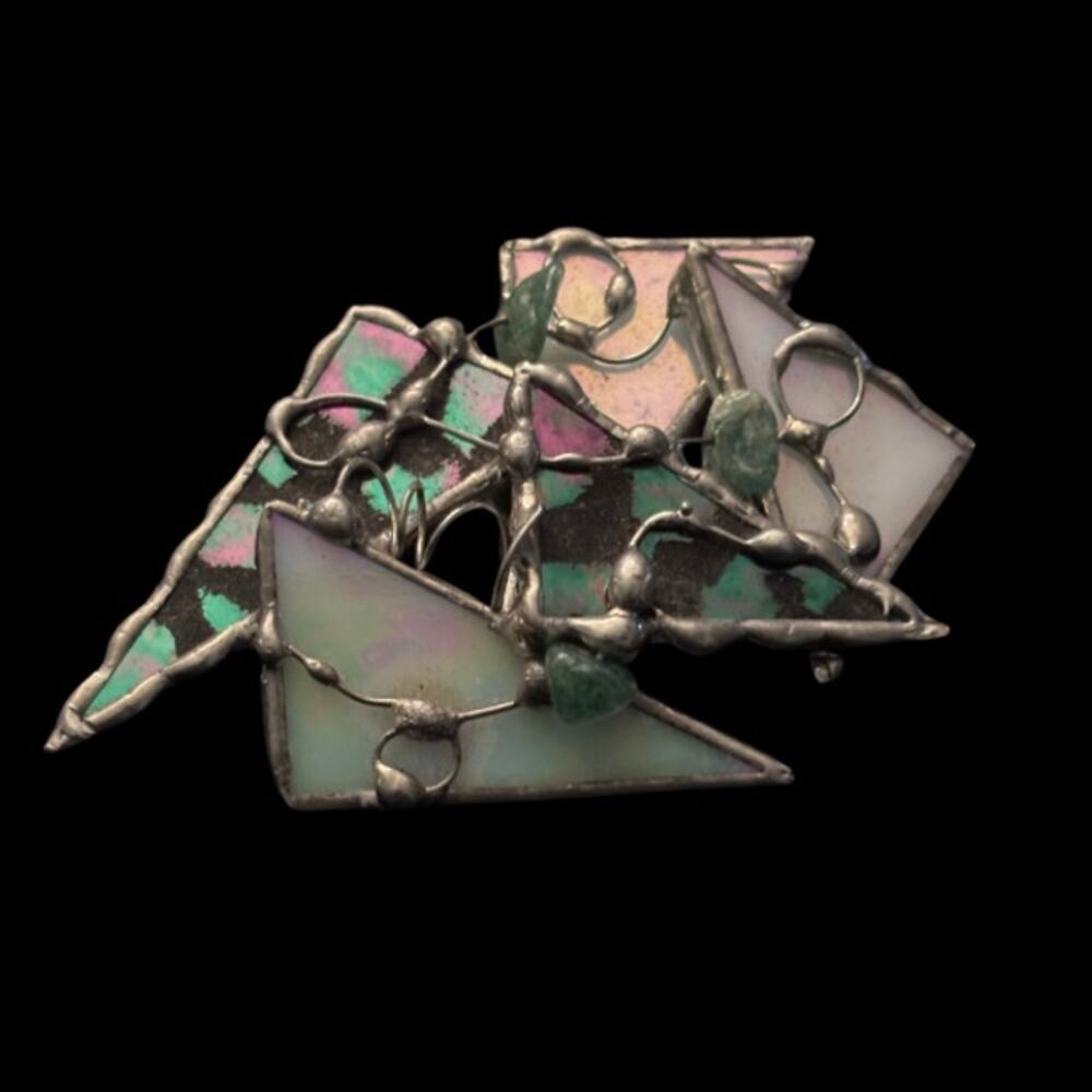 Vintage Abstract Art Deco Green/ White/ Black Stained Glass Crystal Chip Brooch